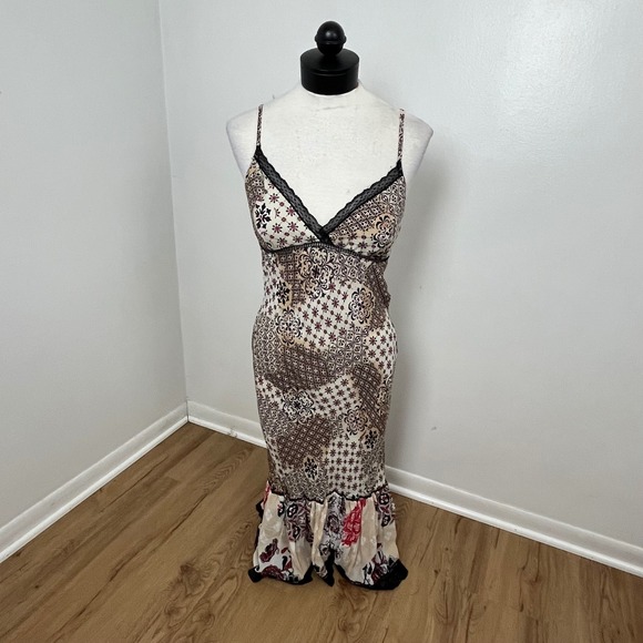 bebe Dresses & Skirts - Patchwork Maxi Dress Lace Trim Bebe Boho Womens Small Cream Brown Floral Y2K